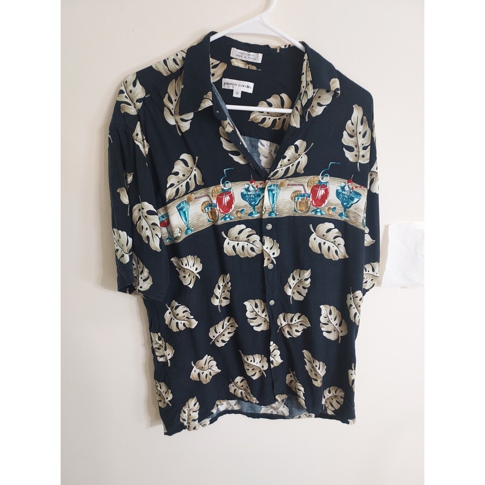 Pierre Cardin Button Up Shirt Mens M Black Monstera Tropical Cocktail Rayon